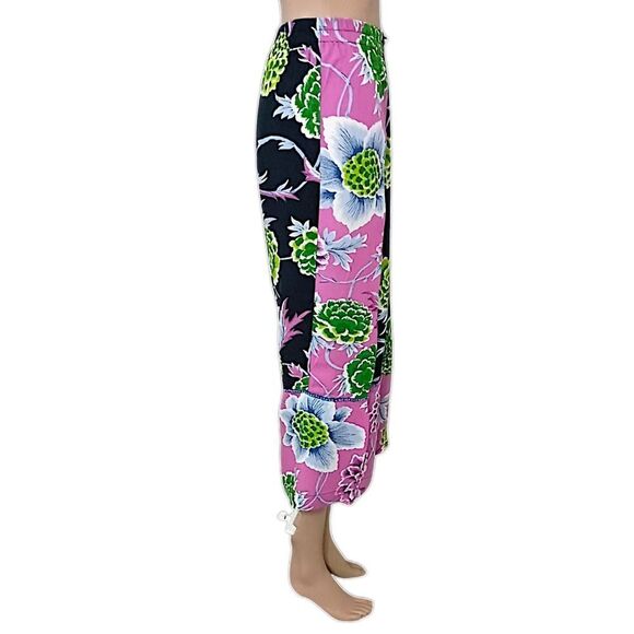 Floral Patchwork Wide Leg Pants M Hippie Artsy Boho Chic Fairy Flowy Drawstring - Picture 2 of 16